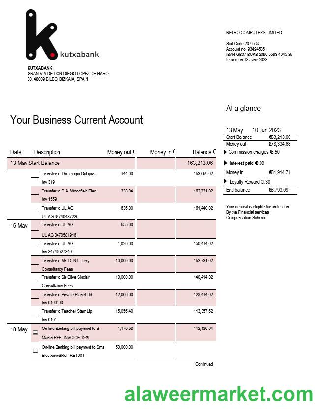 Kutxabank company account statement Word and PDF template